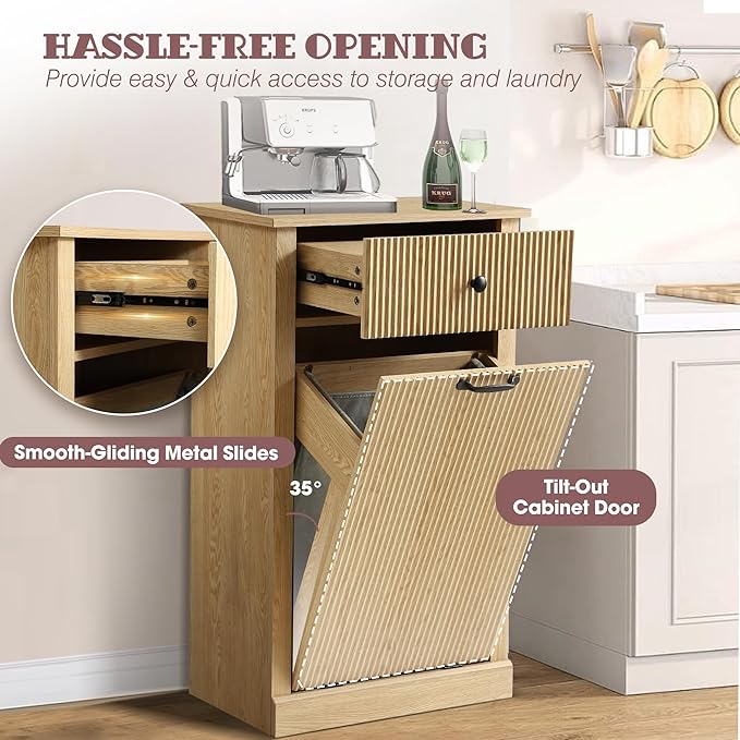 Modern Tilt Out Laundry Hamper Cabinet, Fluted Hidden Garbage Cabinet with Laundry Storage Basket, Wooden Trash Can Cabinets with Drawer (Natural Oak, 13"D x 21"W x 36"H (Single))