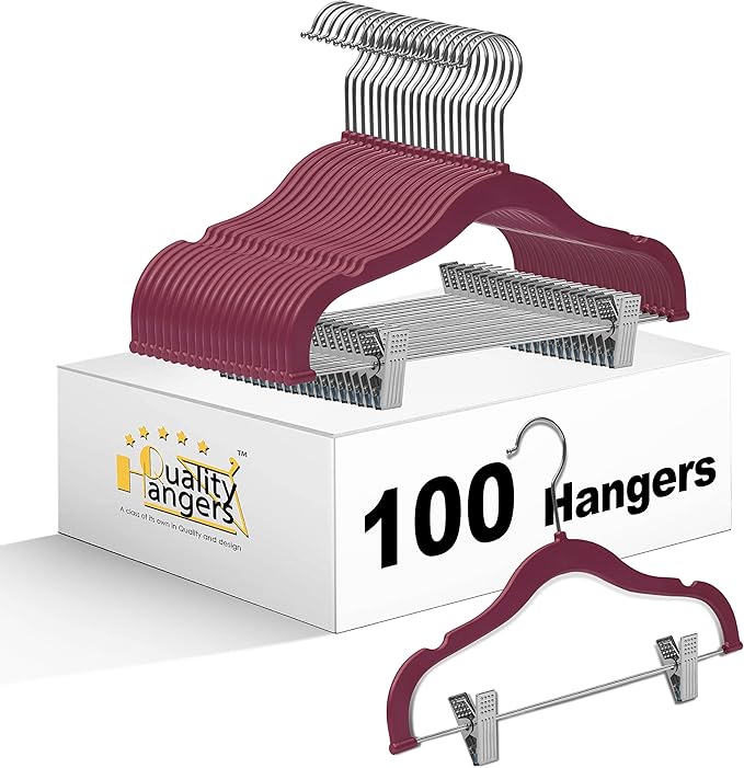 100 Quality Kids Plastic Non Velvet Non-Flocked Thin Compact Skirt Pant Coat Hangers with Metal Clips for Skirts Pants Blouses 360° Swivel Hook, Jacket, Shirt, Pants, Suit Hangers (Raspberry, 100)