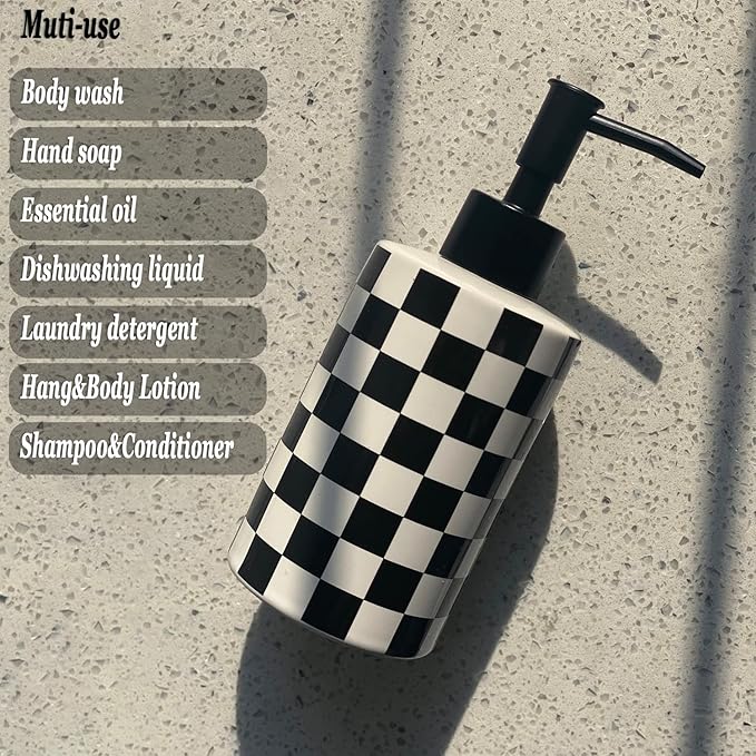 Bathroom Soap Dispenser with Matte Black Pump White Ceramic Soap Dispenser for Kitchen Checkerboard Empty Pump Bottle (Black)