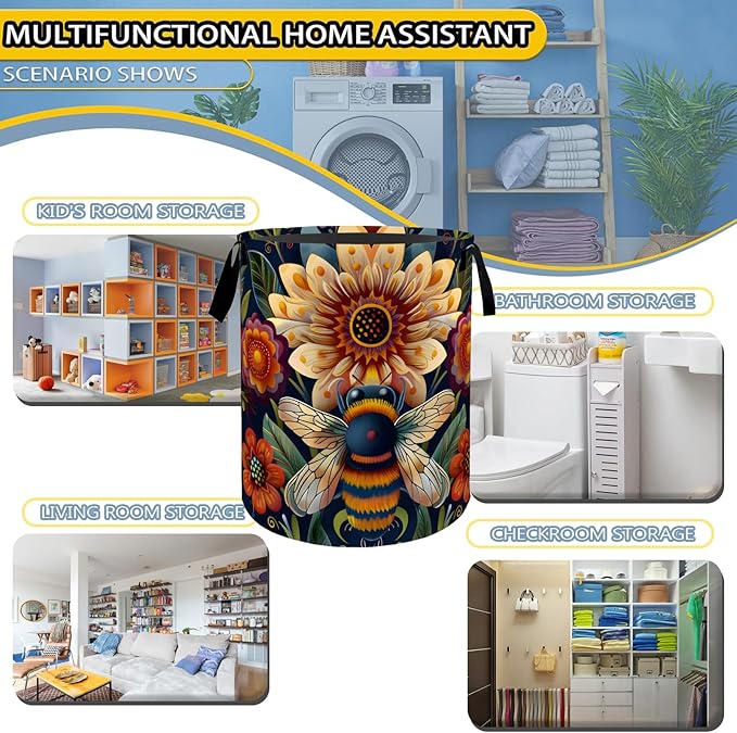 Cute Bee Floral Laundry Basket,Dirty Clothes Hamper,Insect and Colorful Flower Storage Bin,Nature Lovers Gifts,Waterproof Oxford Cloth Baskets for Bathroom,Bedroom Decoration(19.7" x 15.8")