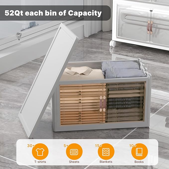 Extra Large Stackable Storage Bins, Lockable Storage Bins with Lids, Folding Storage box with Doors and Wheels, Collapsible Plastic Drawers for Home, Garage, Office (4, White, Medium)