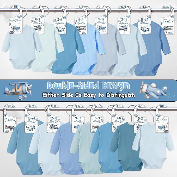 Baby Closet Dividers 8PCS, Airplane Themed Wooden Double-Sided Clothes Size Hanger/Organizer from Newborn to Toddler for Nursery Decor Baby Shower Birthday Gender Reveal Party Gift