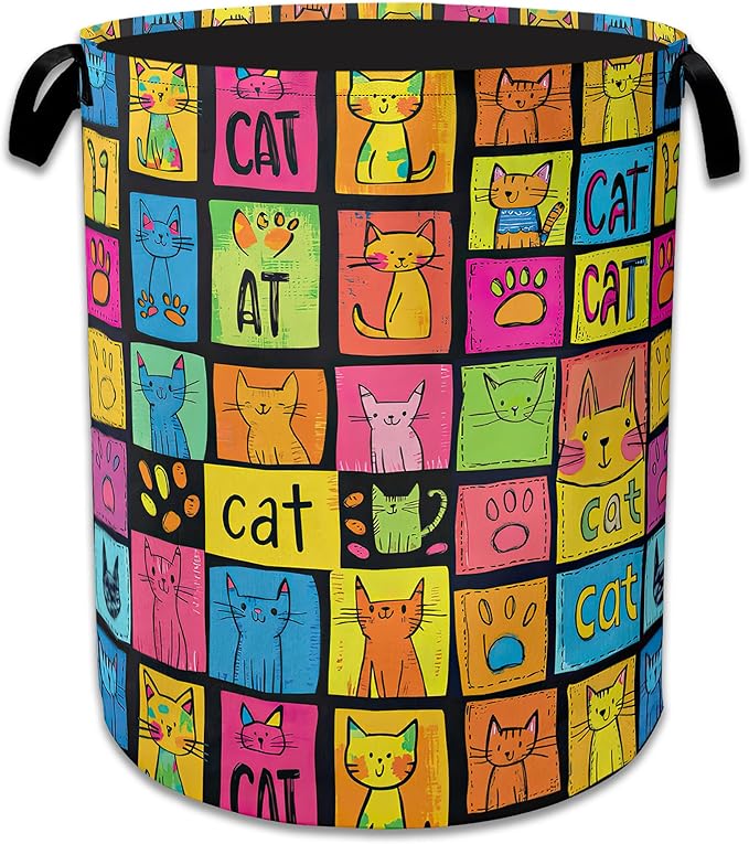 Cute Colorful Cat Laundry Basket Collapsible Laundry Hamper, Oxford Cloth Storage Bin for Room/Bathroom/Bedroom/Dormitories 16" X 20.8"