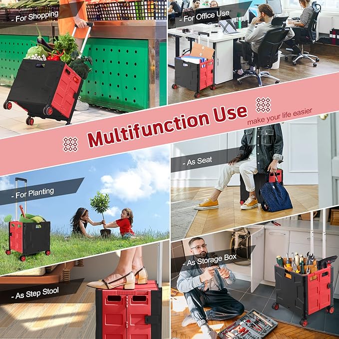 FELICON Folding Utility Cart Portable Rolling Crate Handcart with Durable Heavy Duty Plastic Telescoping Handle Collapsible Hidden Lid 4 Rotate Wheels for Travel Shop Move Office Teacher(Red&Black)