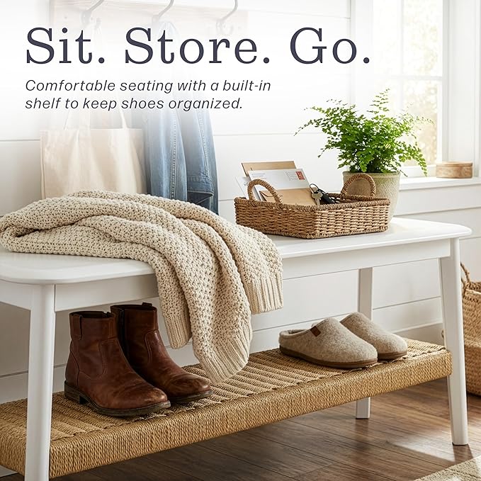 Alaterre Furniture Calais Entryway Bench with Storage Shelf - 48 Inch 2-Tier Storage Bench for Bedroom, Dining Room, Living Room, or Entryway - Wooden Entryway Furniture (White)