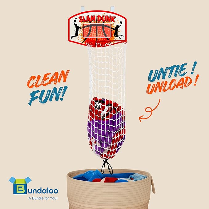 Bundaloo Basketball Laundry Hamper – Over-the-Door Hanging Hoop for Kids, Boys Bedroom Room Decor, 2-in-1 Laundry Bag & Hoop