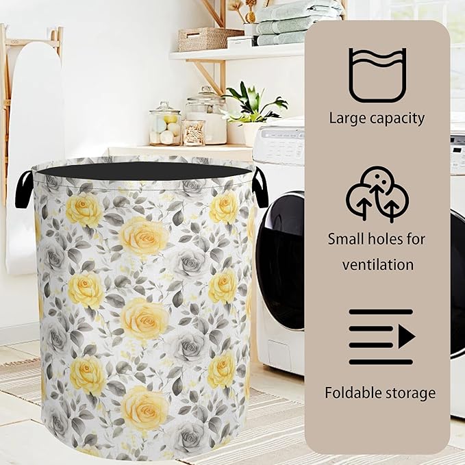 Yellow Gray Flowers Large Clothes Hamper Bag - Laundry Basket with Handles, Space Saving Foldable Design for Nursery