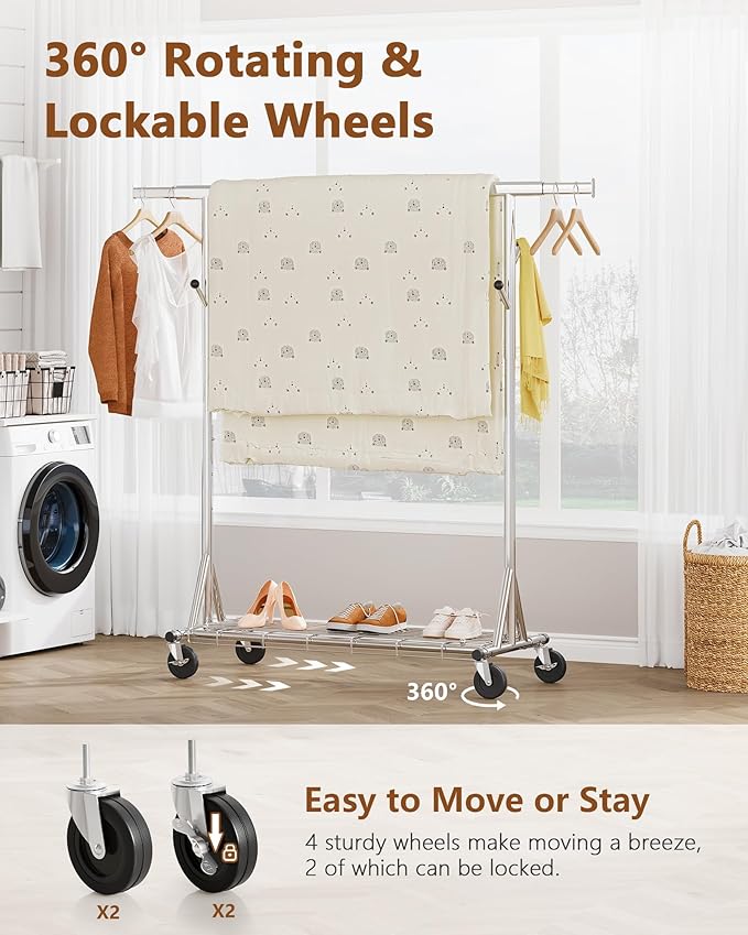Hoctieon 1-Minute Assembly Clothes Rack, 480 lbs Heavy Duty Rolling Clothing Racks with Wheels, Foldable Garment Rack, Extendable Hanging Bar, Adjustable Metal Pole with Hooks, Chrome