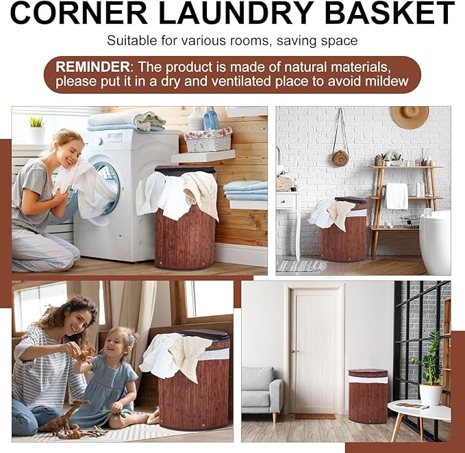 Gueevin Corner Laundry Hamper with Lid and 2 Removable Cloth Liners Bamboo Corner Laundry Basket Collapsible Clothes Basket Storage Bin for Bedroom Bathroom Laundry Living Room (Espresso Color)