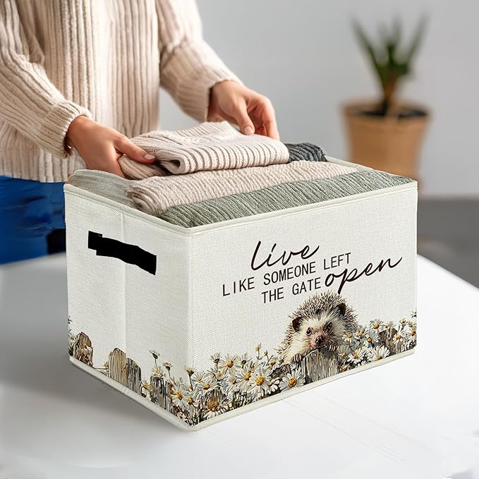 Rustic Hedgehog Storage Bins & Boxes with Handles, Farmhouse Hedgehog Foldable Basket for Organizing, Live Like Someone Left the Gate Open Collapsible Storage Basket for Bedroom Bathroom Clothes