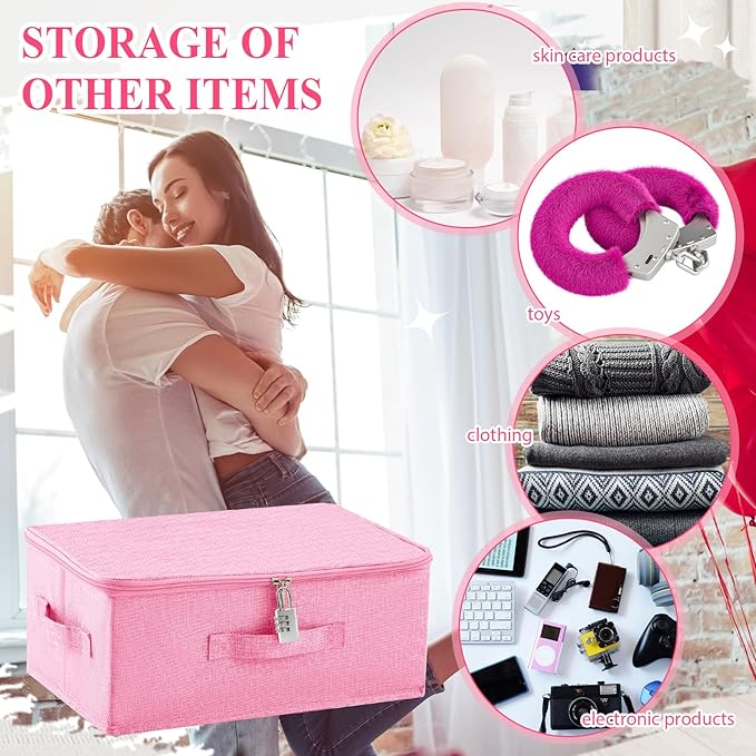 Discreet Lockable Toy Bag Storage Organizer Toy Bag Storage Bins Case with Zipper Lid for Women and Men Clothes Container(Pink,15 x 10 x 6.3 Inch)