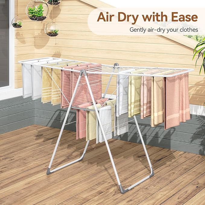 APEXCHASER Clothes Drying Rack, Foldable Drying Rack Clothing, Sturdy Metal Laundry Drying Rack, Height-Adjustable Gullwing, Easy to Fold, Space-Saving, for Indoor Outdoor, White