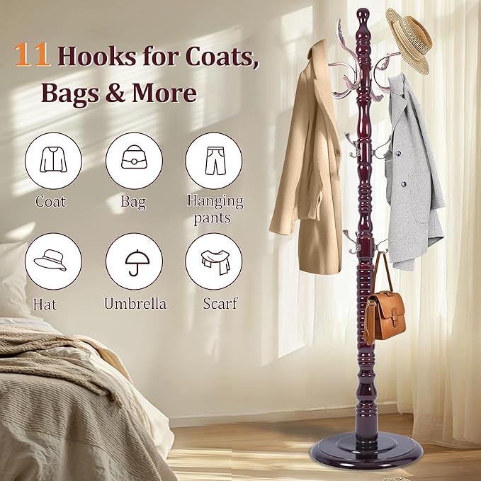 73" Wooden Coat Rack Freestanding, Coat Rack Stand With 18 Hooks And Round Solid Wood Base，Adjustable Height, Easy To Assemble For Entrance Hallway Office Living Room Bedroom (Metal)