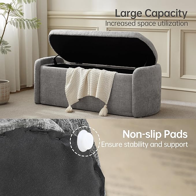 VKNOW Oval Storage Ottoman Bench, 46" Upholstered End of Bed Bench Ottomans Bench Foot Rest, Sherpa Storage Bench for Bedroom, Living Room and Hallway, Light Grey