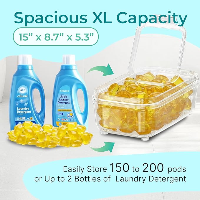 Skywin TidyFriend XL Laundry Pods Container with Lift Up Lid, 15" x 8.7" x 5.3" (Holds 150-200 Pods), Airtight Storage Keeps Pods Fresh, Laundry Detergent Container & Dishwasher Pod Holder (Clear)