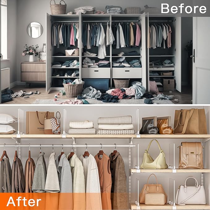 Fixwal 12 PCS Detachable Acrylic Shelf Dividers for Closet Organization Clear Shelf Divider for Closet Organizers and Vertical Purse Organizer for Closet, Bedroom, Kitchen, Office, Cabinets, Bathroom