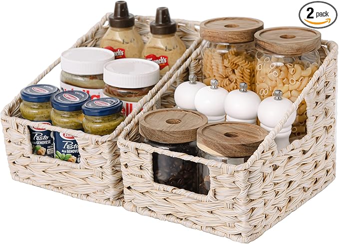 GRANNY SAYS Wicker Basket with Handles, Trapezoid Decorative Woven Baskets, Waterproof Wicker Storage Baskets for Shelves, Basket for Organizing, Butter Milk, 2-Pack