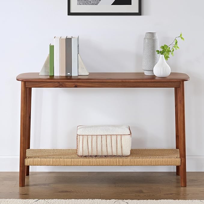 Alaterre Furniture Calais Console Table - 48-Inch Entryway Table with Woven Shelf - Solid Acacia Wood Modern Sofa Table (Warm Chestnut)