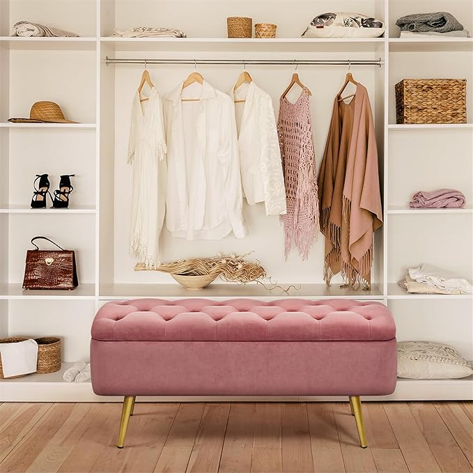 Yaheetech Ottoman with Storage, Velvet Entryway Bench with Safety Hinge, Upholstered Bench with Seating for Bedroom, Living Room, Holds up to 519 lb, Pink