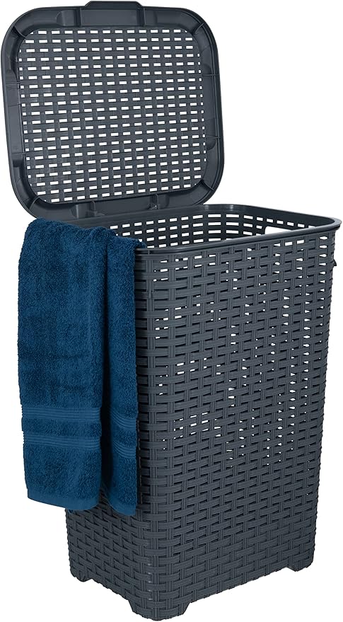 Plastic Laundry Hamper with Lid Laundry Hamper Basket, Grey Tall Cloths Hamper Organizer with Cut-out Handles. Space Saving for Laundry Room Bedroom Bathroom, Wicker Design 60 Liter