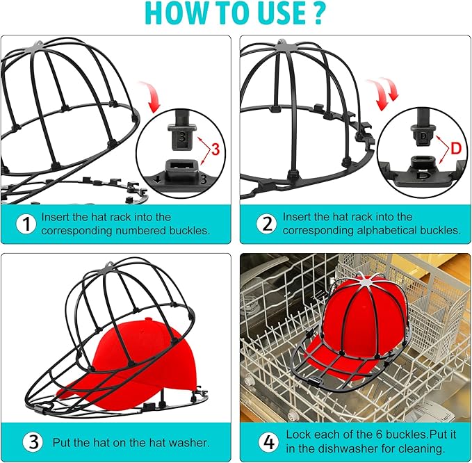 Eiito Hat Washer for Washing Machine, 1 Pack Hat Cleaner for Baseball Caps with Frame Cage Fit for Adult/Kid's Cap Protector Racks Dishwasher Safe-(Black)
