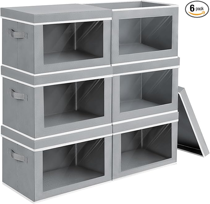 Large Storage Bins with Lids - Fabric Storage Cubes with Window, Collapsible Bins for Clothes, 15.7 Inch Large Baskets for Bedroom, Dorm, Office, Grey, 6 Pack