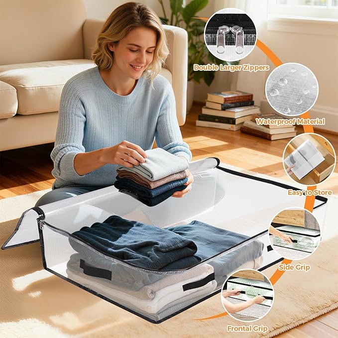6 Pack Under Bed Storage Bags, 75L Foldable Clear Storage Containers with Handles, Dual Zippers for Comforter, Clothes, Bedding, Linen Sheets, Sweaters, Blanket Storage