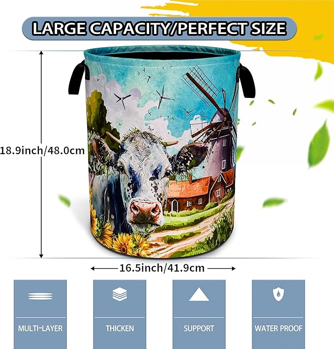 Cow Laundry Basket Farm Foldable Oxford Cloth Funny Tote Bag Laundry Hamper Clothes Storage Bucket Toy Organizer For Bathroom/Laundry Storage/Bedroom 18.9x16.5 Inch