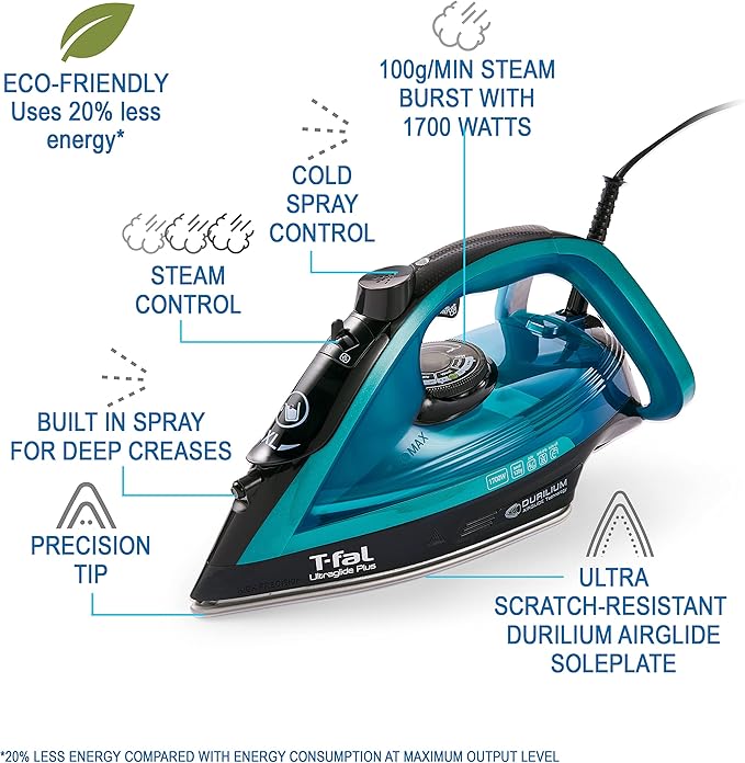 T-Fal Ultraglide Steam Iron for Clothes Durilium Soleplate, Precision Tip, Anti-Drip, Auto-Off 1800 Watts Ironing, Steaming FV5841U0