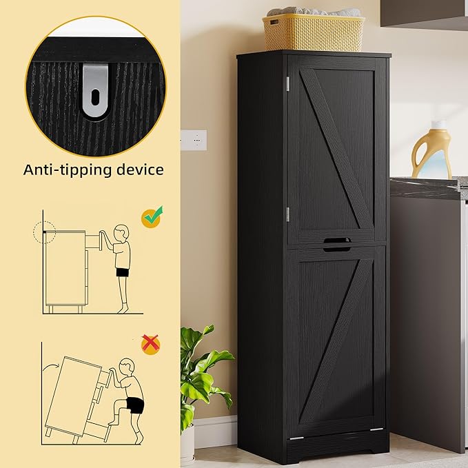 DWVO Tilt Out Laundry Hamper - 53" Tall Bathroom Storage Cabinet Laundry Cabinet with Adjustable Shelves and Clothes Basket, Laundry Hamper Shelf for Laundry Room Bathroom Organizer, Black