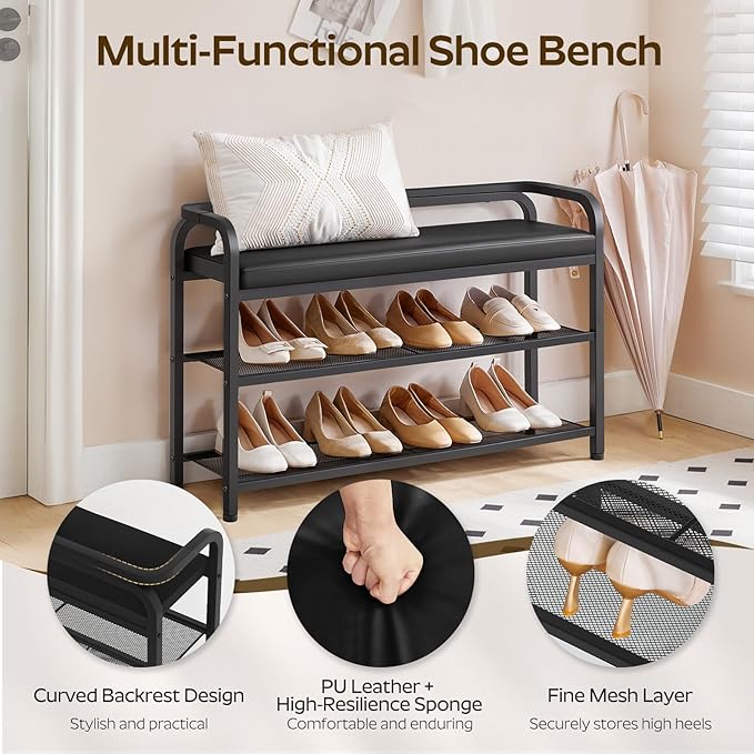 Shoe Bench with Backrest, Entryway Bench, 2-Tier Shoe Rack with PU Padded Seat, Upholstered Shoe Storage Bench with Back, for Hallway, Entryway, Foyer, Bedroom, Black HX14BB