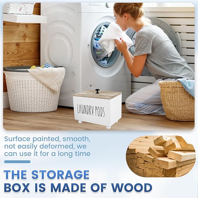 Farmhouse Laundry Pods Container with Lid, Solid Wood Dryer Sheet Holder, Stylish Laundry Pod Holder, Multipurpose Dryer Sheet Container for Laundry Room Kitchen Bathroom Organization Decor (White)