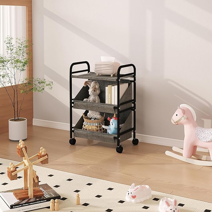 Buzowruil Utility Rolling Fabric Storage Rack Trolley Toy Rack Trolley with 2 Large Storage Boxes,Wheels, Suitable for Bedroom, Living Room, Entryway, Grey
