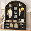 77''H Hall Tree with Curved Design, Multi-functional Coat Rack with Shoe Racks, Clothes Hangers, Hooks, Double-Layer Storage Cabinets and Open Storage Space for Hallway, Living Room (Black+Natural)