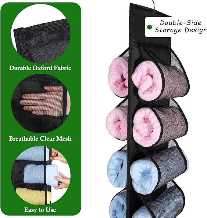 2 Pack Legging Storage Organizer, Hanging Legging Storage Hanger with 20 Roll Compartments, Foldable Clothes Roll Holder for Yoga T-Shirts Pants Jeans Towels