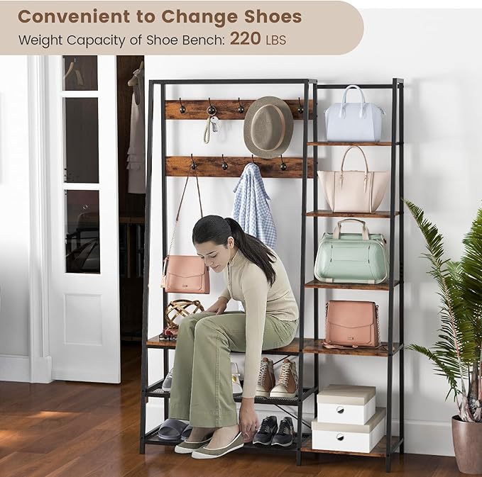Giantex Coat Rack with Shoe Bench, Industrial Hall Tree with Storage Bench, 9 Hooks, 5 Side Shelves, Accent Large Shoe Rack Bench with Storage Shelf Hanging Bar for Entryway, Hallway (Rustic Brown)