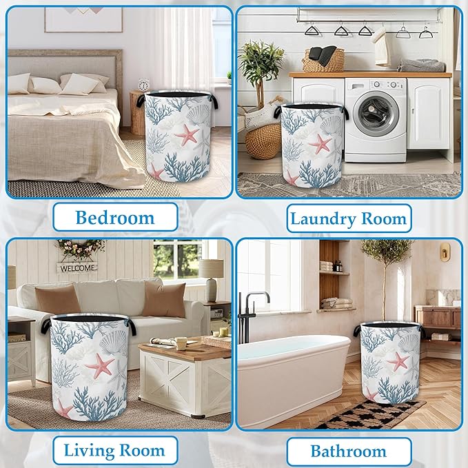 Seashell Starfish Ocean Laundry Basket Collapsible Laundry Hamper with Handle, Oxford Clothes Toy Storage Bin for Bathroom Bedroom Room Decor 16" X 20.8"
