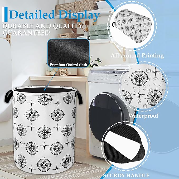 Black Compass Laundry Basket Collapsible Laundry Hamper Clothes Toy Storage Bin for Bathroom Bedroom Room Decor 16" X 20.8"