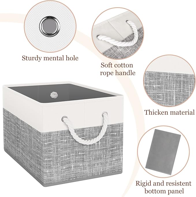 Storage Bin,Collapsible Storage Basket For Organizing,Large Storage Boxes With Rope Handles,Storage Containers,White & Grey,3 Pack