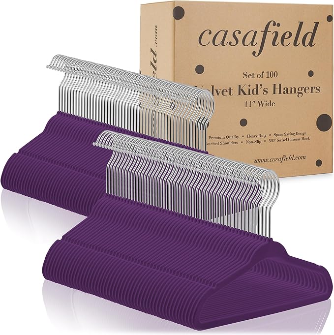 Casafield 100 Velvet Baby Hangers - 11" Size for Infant & Toddler Clothes - Purple