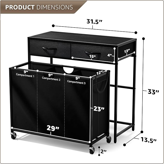 Sorbus 3 Section Laundry Hamper with Shelf and 2 Drawers for Laundry Room Organization, Laundry Basket with Wheels, Rolling Laundry Hamper, Laundry Sorter for Optimal Storage and Organization (Black)