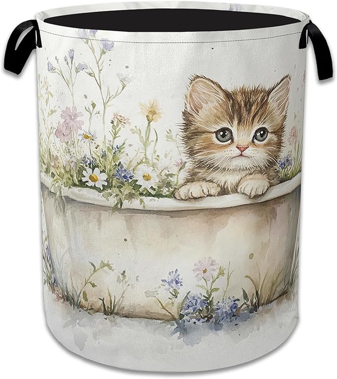 Cute Cat Laundry Hamper Bathtub Flowers Laundry Basket Collapsible Portable Clothes Toy Storage Bin for Bathroom Bedroom Room Decor 16 X 20.8 Inch