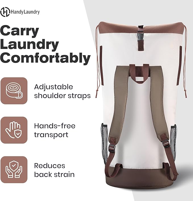 Laundry Backpack - XL Heavy Duty Laundry Bag Holds 3-4 Loads - Adjustable Straps, Drawstring Closure, Pockets & Handles - Durable Hamper for College, Travel & Laundromat - Beige