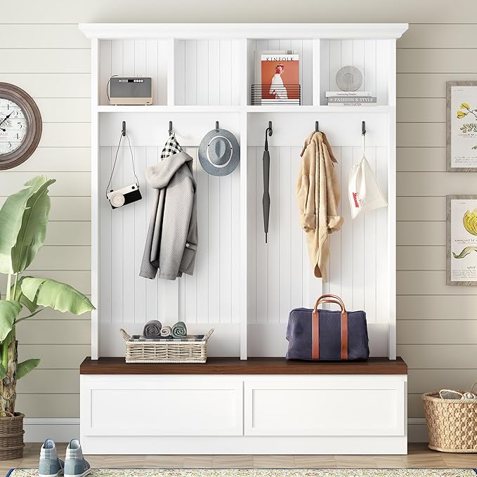 Hall Tree with Storage Bench, Farmhouse 4-in-1 Hall Tree with Wood Grain Bench, 2 Large Drawers, 6 Black Hooks, 4 Storage Compartments, Mudroom Versatile Coat Rack for Hallway, Living Room (White/156)