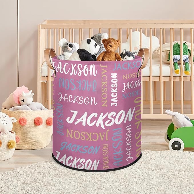 Custom Name Large Laundry-Basket for Kids-Boys-Girls, Personalized Foldable Waterproof Laundry Hamper Dirty Clothes Toys Storage Bin with Handles,Purple Pink