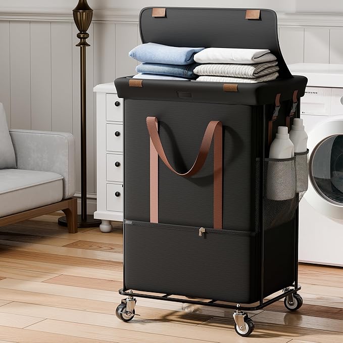 150L Rolling Laundry Basket with Wheels, Double Laundry Hamper with Lid and 2 Removable Bags, 2 Section Large Dirty Clothes Hamper for Laundry Room Bedroom Bathroom Dorm 19.7"Wx15.7"Dx31.9"H, Black