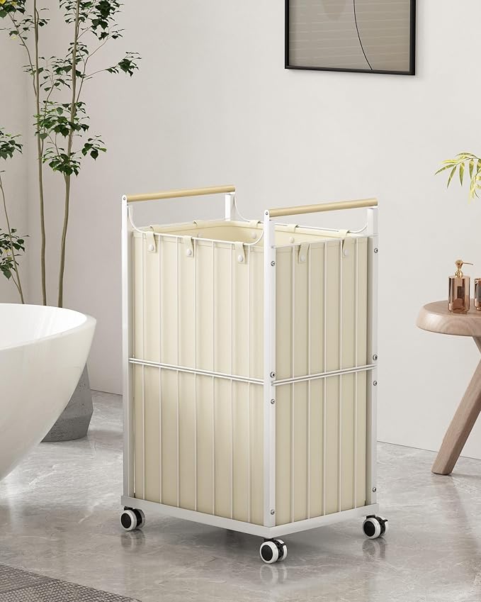 Laundry Hamper with Wheels,Laundry Basket with Wooden handle, Laundry Sorter with Removable Liner Bag,Suitable for Laundry Room, Bedroom,Bedroom(Beige, 78L)