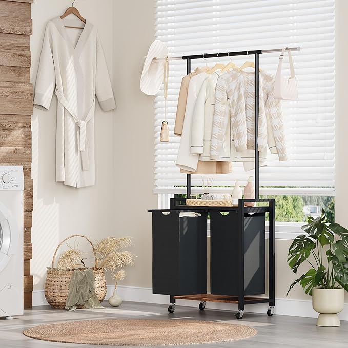 IDEALHOUSE Laundry Sorter 2 Section with Hanging Rack,Rolling Laundry Sorter Hamper with Shelf & Lockable Wheels,Laundry Basket Organizer for Laundry Room, Bedroom, Bathroom