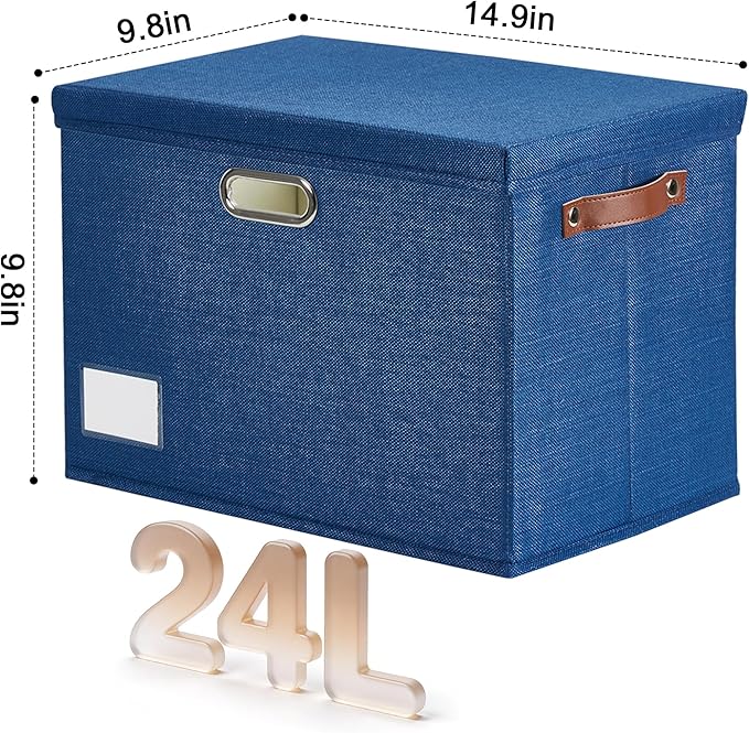 15" Large Collapsible Storage Bins with Lids, Stackable Closet Organizers with PU Handle and Labels, 3-Pack Decorative Fabric Storage Boxes for Home, Bedroom, Closet, Office, Nursery(Navy Blue)