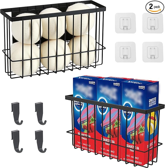 2 Pack Magnetic Basket, Magnetic Dryer Ball Holder for Laundry Room Dryer Ball Organization with 4 Caddy Adhesive Stickers, Cabinet Door Organizer for Kitchen Wrap Food Bag Tin Foil Storage, Black